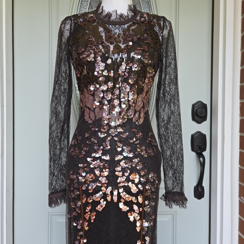Roberto Cavalli Brown Lace Sequin Evening Dress - Picture 3 of 16